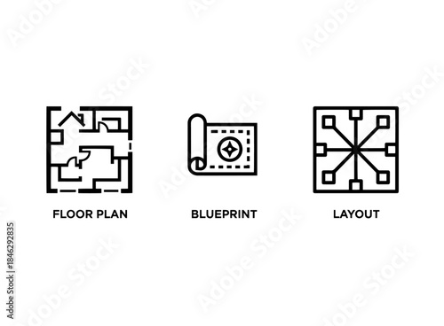 Floor Plan Blueprint Layout Icon Set Minimal Bold Line