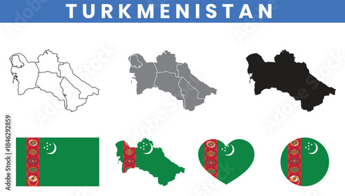 Turkmenistan Map and Flag Vector Set