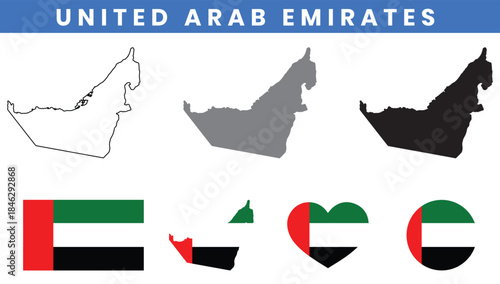 United Arab Emirates (UAE) Map and Flag Vector Set with Emirate Outline