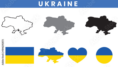 Ukraine Map and Flag Vector Set with Oblasts Outline