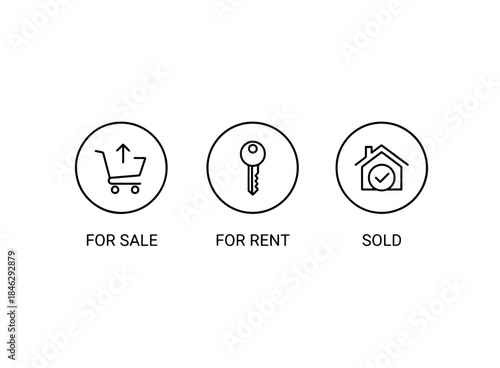 For Sale For Rent Sold Icon Set Minimal Bold Line
