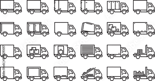 Collection of twenty minimalist outline icons of various delivery trucks and cargo vans lorry
