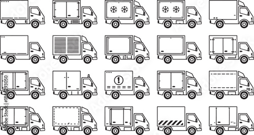 Collection of twenty minimalist outline trucks with various cargo box designs lorry vehicle