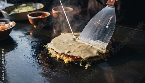 Chef preparing a savory Japanese okonomiyaki pancake on a hot griddle, drizzling sauce with a spatula.
