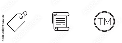 Trademark, Price Tag, and Scroll Line Icons for Legal and Commerce Concepts.