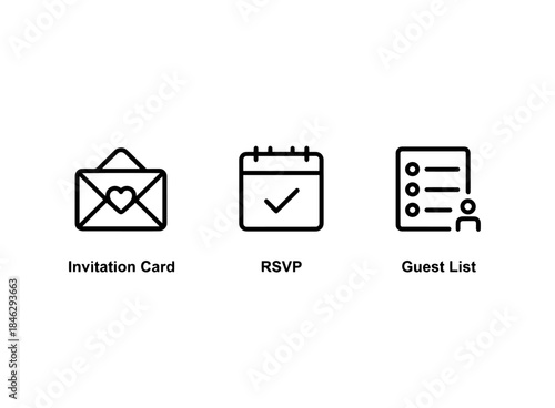 Invitation Card RSVP Guest List Icon Set Minimal Bold Line