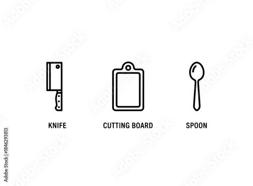 Knife Cutting Board Spoon Icon Set Minimal Bold Line