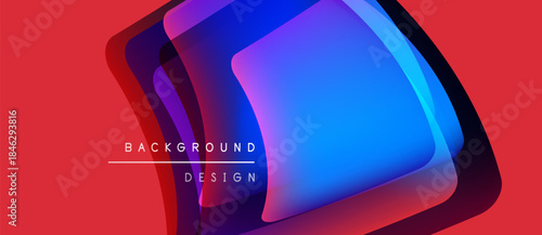 Abstract geometric shapes overlap, creating vibrant color gradients. Red background emphasizes blue, purple hues. Design includes text labels.