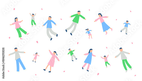 春の宙に浮かぶ人々のイラストセット