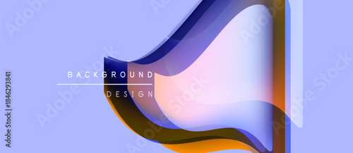 Abstract flowing shapes, vibrant colors, modern design. Background features overlapping layers, creating dynamic visual effect. Light purple hues dominate.