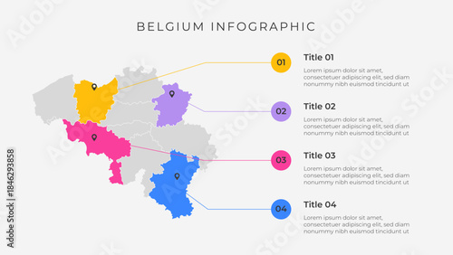 Belgium map infographic template with 4 options. Belgium political map infographic for presentation.