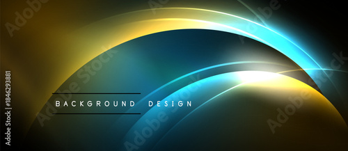Abstract design features flowing curves, vibrant blues, golds. Light radiates from center, creating dynamic visual effect. Dark background enhances contrast.