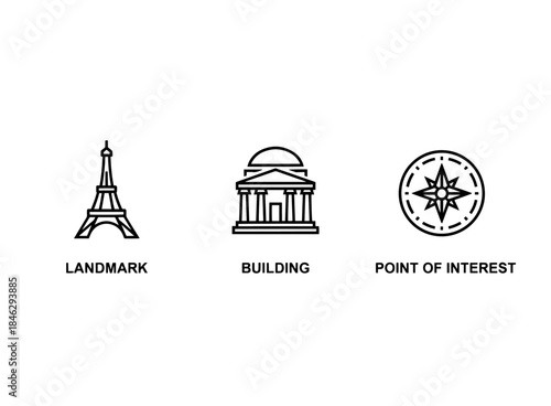 Landmark Building Point of Interest Icon Set Minimal Bold Line