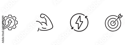 Business Performance and Success Line Icons: Optimization, Strength, Energy, Goal.