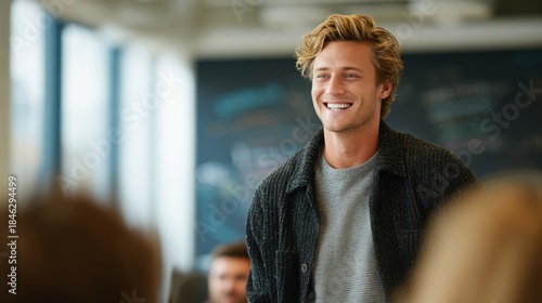 Wallpaper Mural Young Man Smiling Joyfully While Speaking to an Engaged Audience Torontodigital.ca