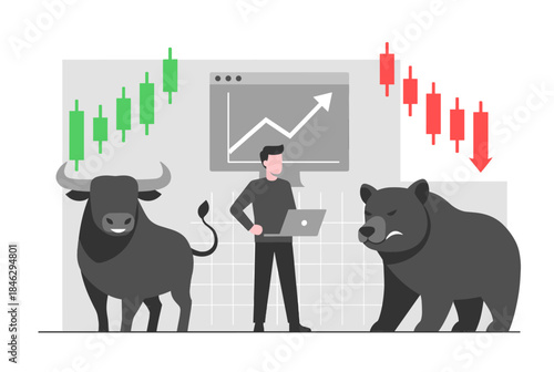 An illustration depicting a person analyzing stock market trends with a bull and a bear symbolizing upward and downward movements.