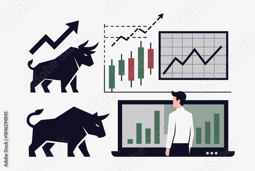 Financial market analysis with bull symbols, candlestick charts, and a trader monitoring stock performance on a laptop.