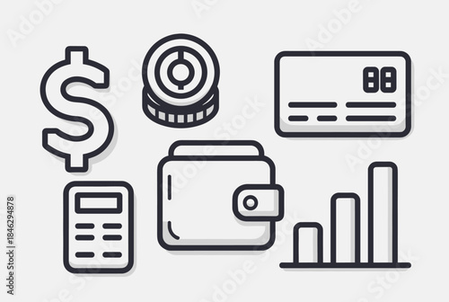 Set of financial and business icons including dollar sign, coins, credit card, calculator, wallet, and bar chart.