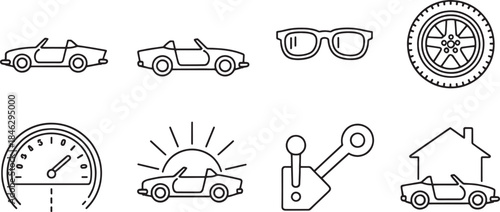 Collection of black line art icons depicting convertible cars and automotive elements car icon vehicle