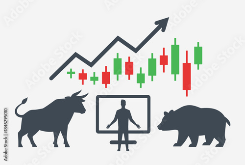 Illustration of stock market trends with bull and bear symbols, candlestick charts, and a trader.