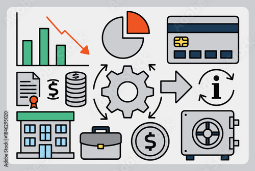 A collection of colorful business and finance icons illustrating concepts like data analysis, banking, investment, and financial management.