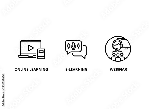 Online Learning E Learning Webinar Icon Set Minimal Bold Line Variation