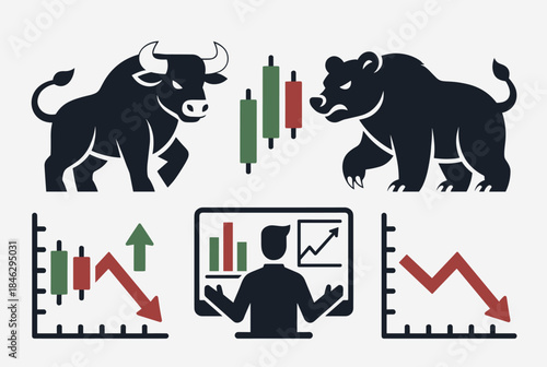 Illustration of bull and bear market symbols with financial charts and a trader analyzing data on a computer screen.