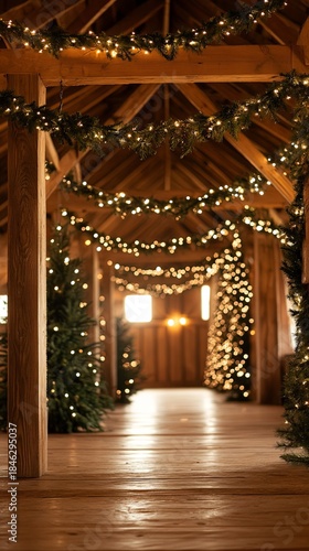 Wallpaper Mural cozy barn interior with wooden beams, twinkling lights, pine garlands . Torontodigital.ca