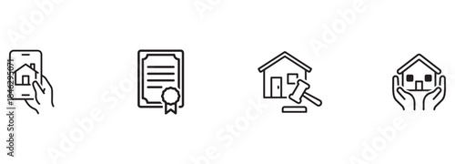 Real Estate Business Icons Set: Online, Document, Auction, and Insurance