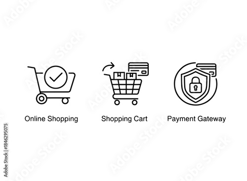 Online Shopping Shopping Cart Payment Gateway Icon Set Minimal Bold Line