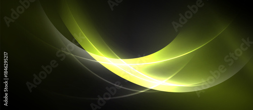 Abstract design features luminous yellow curves against dark background. Smooth lines create dynamic, flowing composition. Elegant, modern aesthetic.