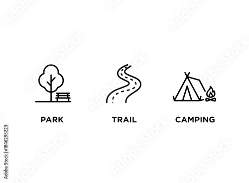 Park Trail Camping Icon Set Minimal Bold Line