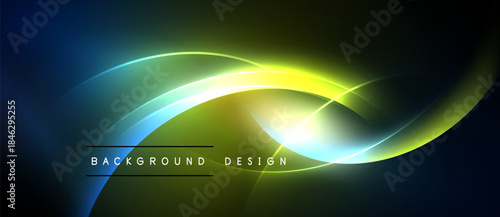 Abstract neon lights create vibrant curves. Dark background emphasizes glowing lines, modern design element.
