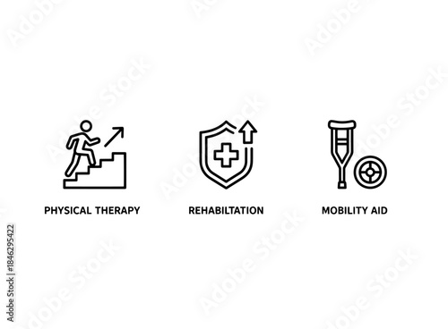 Physical Therapy Rehabilitation Mobility Aid Icon Set Minimal Bold Line