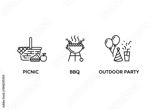 Picnic BBQ Outdoor Party Icon Set Minimal Bold Line