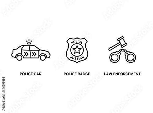 Police Car Police Badge Law Enforcement Minimal Bold Line Icon Set