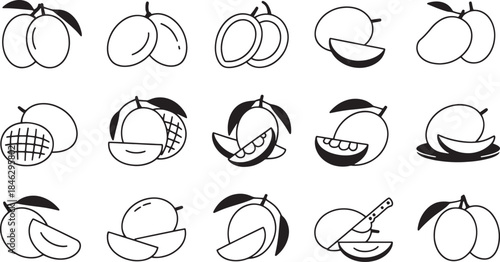 Collection of eighteen black and white mango illustrations with leaves and slices fruit icon