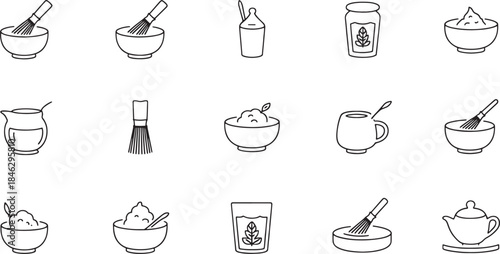 Collection of eighteen black and white line art icons related to matcha tea preparation whisk chasen