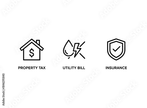 Property Tax Utility Bill Insurance Minimal Bold Line Icon Set