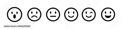 Vector emoji icon collection. Simple black line art smileys showing different feelings. Happy, sad, love, angry emotions. Customer feedback, mood scale, satisfaction rating.