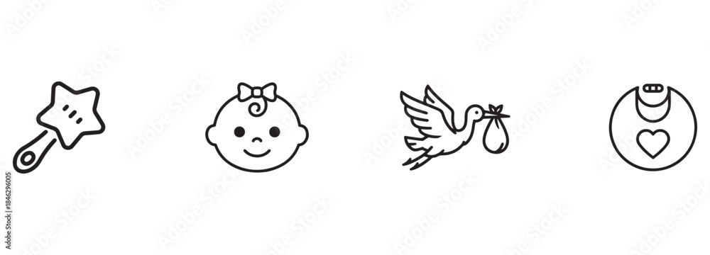 Fototapeta premium Simple Outline Icons for Baby Care and Birth: Stork, Rattle, Bib, Infant Face
