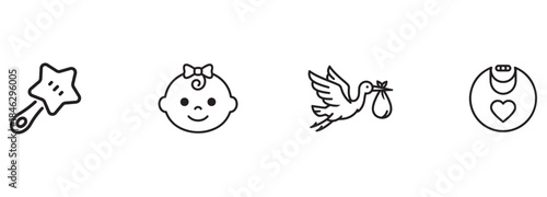 Simple Outline Icons for Baby Care and Birth: Stork, Rattle, Bib, Infant Face