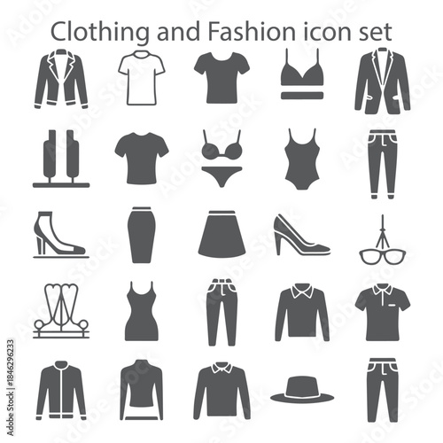 A stylish solid vector icon set featuring clothing, apparel, fashion accessories, and wardrobe essentials for retail and design visuals.