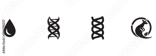 Black Silhouette Icons: Liquid Drop, Genetic DNA, and Kangaroo Symbol.
