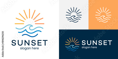 Sunset logo design illustration. Wave design with sun line style minimalist vector icon symbol