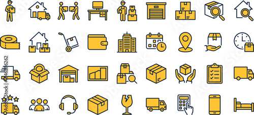 Logistics delivery icons set, warehouse shipping supply chain courier transportation packaging inventory ecommerce vector illustration collection design elements business services