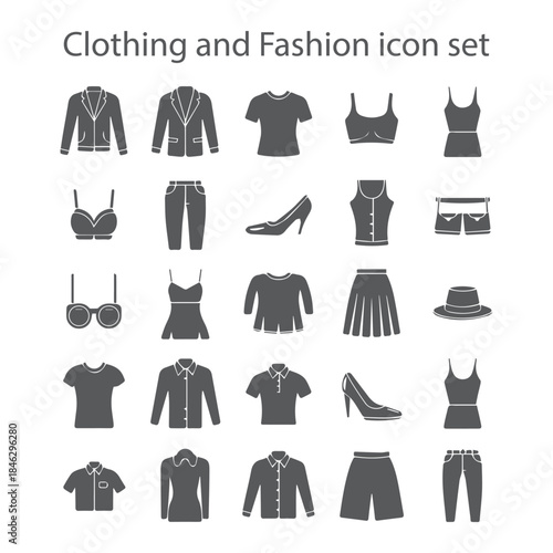 A stylish solid vector icon set featuring clothing, apparel, fashion accessories, and wardrobe essentials for retail and design visuals.