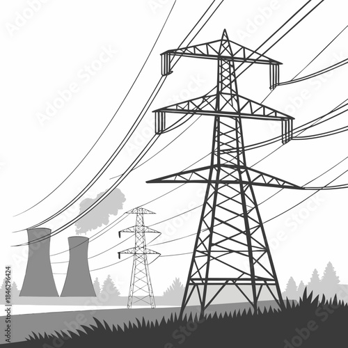 Power grid towers and nuclear plant under smog voltage lines