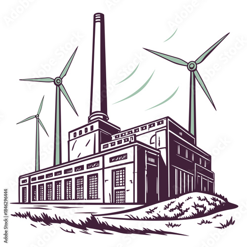 Old power plant with windmills emerging industrial 1