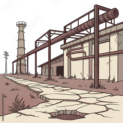 Old industrial area with broken pipelines and cracked ground